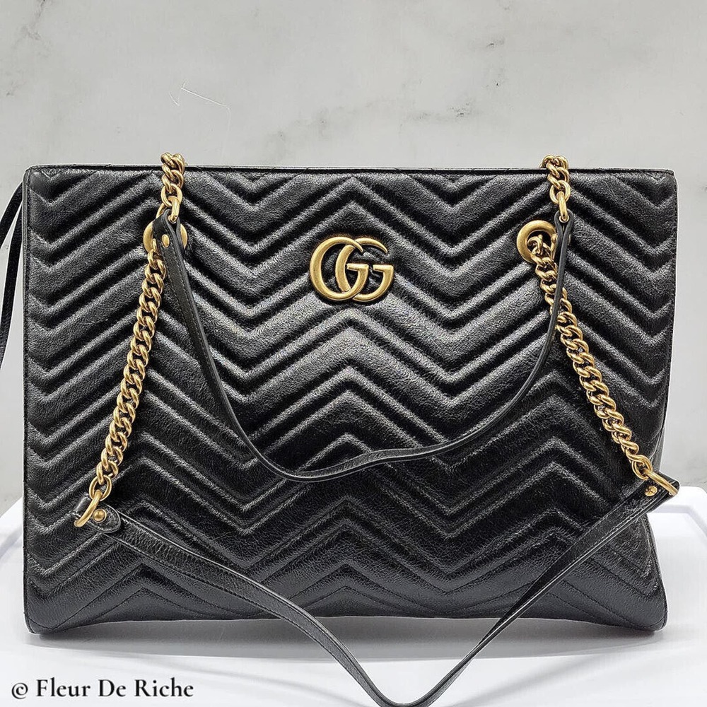 Gucci Calfskin Matelassé Medium GG Marmont Slim Tote Bag Black
